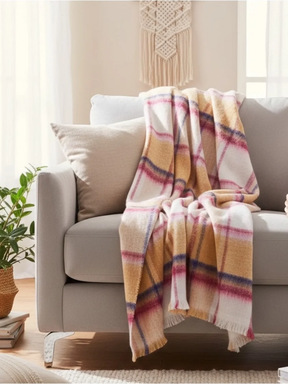 Anthropologie Cozy Plaid Throw Blanket Pink Gold Cream NWT 70x50